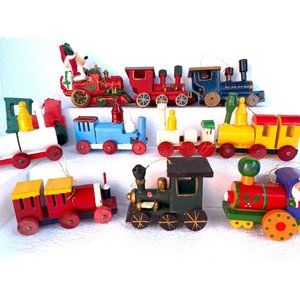 Antiques Christmas wood RUSS Country Antique Ornament Wooden Locomotive 10 pc